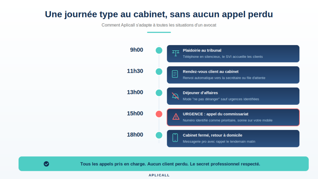 Journée type d'un avocat avec téléphonie professionnelle Aplicall